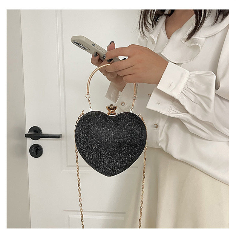 Ladies Fashion Shining Chain Crossbody Bag, Elegant Shoulder Heart Shaped, Metal Embellished, Black, with Buckle Closure, for Party, Wedding, Date